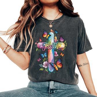 Faith Cross Butterflies Floral Religious Christ Flowers Women's Oversized Comfort T-Shirt - Thegiftio UK