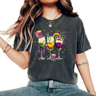 Fat Tuesday Mardi Gras Wine Glasses Drink Carnival Women Women's Oversized Comfort T-Shirt | Mazezy