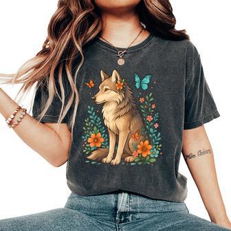 Floral Wolf With Butterflies Mystical Forest Nature Lovers Women's Oversized Comfort T-Shirt - Monsterry