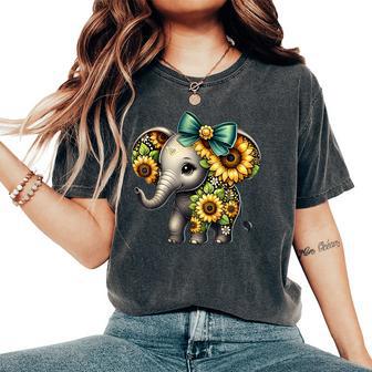 Flower Elephant Sunflower Flower Bow Graphic Girls Women's Oversized Comfort T-Shirt - Monsterry