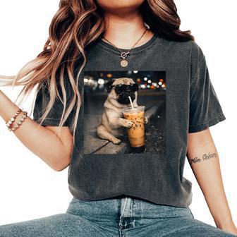 Pug Drinking Iced Coffee Cute Dog Meme Humor Women's Oversized Comfort T-Shirt | Seseable CA