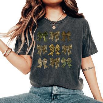 Girls Camo Coquette Bow American Army Flag Camouflage Hunter Women's Oversized Comfort T-Shirt - Thegiftio UK