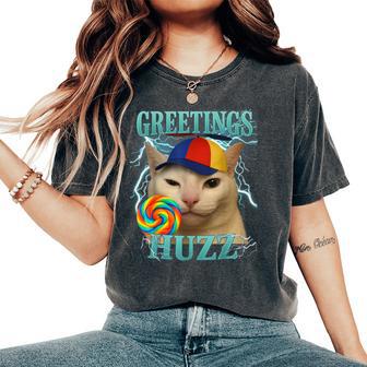 Greetings Huzz Cat Silly Cat Meme Graphic Women's Oversized Comfort T-Shirt - Thegiftio UK
