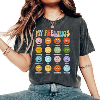 Groovy Retro My Feelings Chart Hippie Face Emotions Small Women's Oversized Comfort T-Shirt - Thegiftio UK