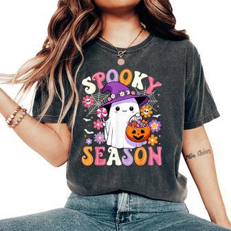 Groovy Spooky Season Retro Ghost Holding Pumpkin Halloween Women's Oversized Comfort T-Shirt - Thegiftio UK