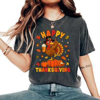 Happy Thanksgiving Turkey Drinking Coffee Pumpkin Pie Women's Oversized Comfort T-Shirt - Thegiftio UK