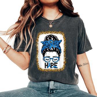 Hope Messy Bun Colon Cancer Awareness Leopard Bleached Women's Oversized Comfort T-Shirt - Thegiftio UK