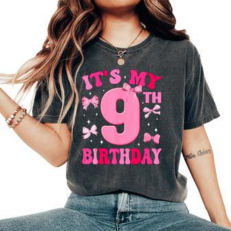 It's My 9Th Birthday Girl Coquette Bow 9 Year Old Party Girl Women's Oversized Comfort T-Shirt - Thegiftio UK