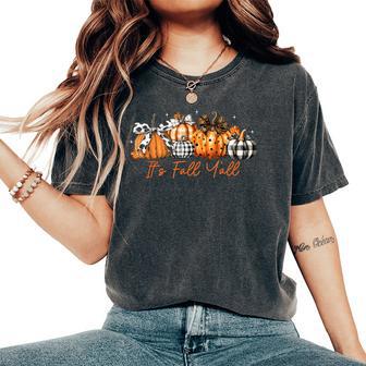 It's Fall Y'all Leopard Pumpkins Plaid Pumpkin Autumn Season Women's Oversized Comfort T-Shirt - Thegiftio UK