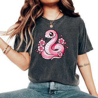 Kawaii Pink Snake And Flowers Year Of Snake Girls Women's Oversized Comfort T-Shirt - Monsterry