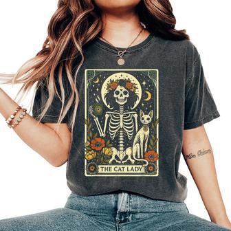 Mystic Skeleton The Cat Lady With Coffee Tarot Card Vibes Women's Oversized Comfort T-Shirt - Thegiftio UK