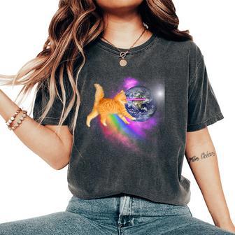 Naranja Espacio Cat Laser Eyes Rainbow Cat Camiseta extragrande cómoda para mujer - Regaloses