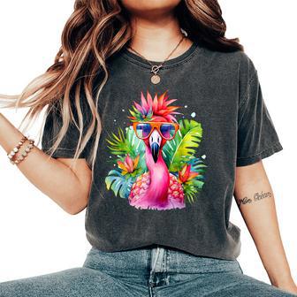 Pink Flamingo Party Tropical Bird With Sunglasses Holiday Women's Oversized Comfort T-Shirt - Thegiftio UK
