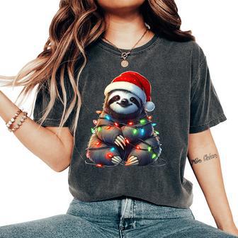 Sloth Christmas Lights Santa Hat Merry Xmas Women's Oversized Comfort T-Shirt - Thegiftio UK
