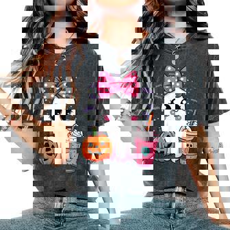 Spooky Cute Ghost Drinking Iced Coffee Pumpkin Bow Halloween Women's Oversized Comfort T-Shirt | Seseable CA