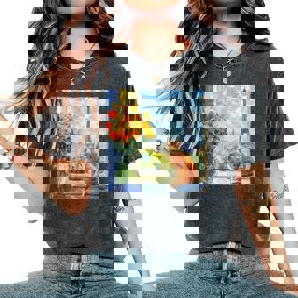 Tabby Cat Paris France Eiffel Tower Impressionist Painting Men Women Kids Women's Oversized Comfort Colors T-Shirt | Mazezy