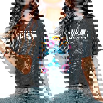 市川市 サングラスをかけた猫と花のデザイン レディースオーバーサイズコンフォートTシャツ - Kawaiitshirt