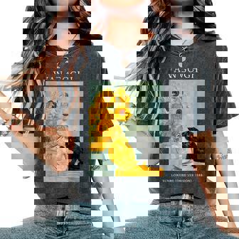 面白いゴッホ風変わりな猫とひまわりの花瓶パロディアート レディースオーバーサイズコンフォートTシャツ - Kawaiitshirt