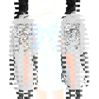 Blessed By God Loved By Jesus Blue Toile Coquette Bow Women's Oversized Comfort T-Shirt Back Print - Monsterry