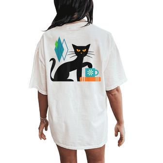 Cat Midcentury With Book And Coffee Atomic Age Mid Century Women's Oversized Comfort T-Shirt Back Print - Thegiftio UK