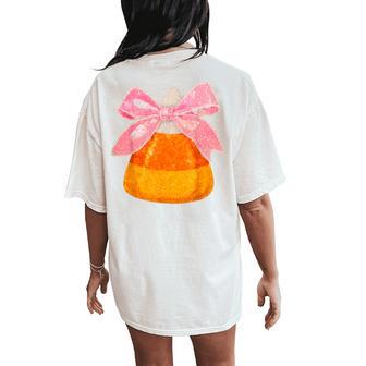 Halloween Candy Corn Coquette Bow Spooky Season Girls Women's Oversized Comfort T-Shirt Back Print - Thegiftio UK