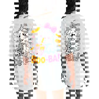 Kawaii Boba Cute Boo Ghost Halloween Girl Coquette Bow Women's Oversized Comfort T-Shirt Back Print - Thegiftio