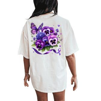 Purple Floral Pansies Butterfly Ribbon Alzheimer's Awareness Women's Oversized Comfort T-Shirt Back Print - Thegiftio UK