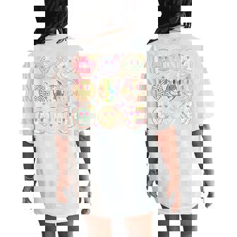 Retro Groovy Smile Face Flower Happy Face Checkered Pattern Women's Oversized Comfort T-Shirt Back Print - Monsterry