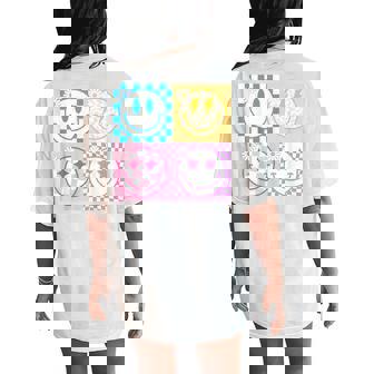 Retro Happy Smile Face Checkered Pattern Vibes Trendy Girls Women's Oversized Comfort T-Shirt Back Print | Mazezy