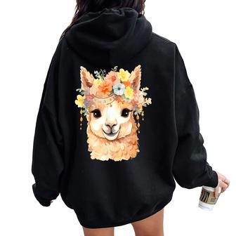 Alpaca With Flowers Cute Alpaca And Llama Women Oversized Hoodie Back Print - Thegiftio