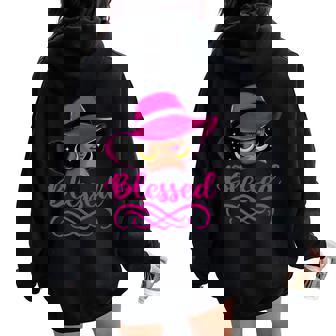 Blessed African American Afro Black With Hat Christian Women Oversized Hoodie Back Print | Seseable CA