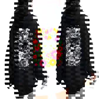 Boho Cute Black Cat Hiding In Spring Flowers Women Oversized Hoodie Back Print - Thegiftio
