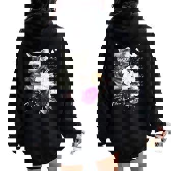 Chat Avec Roses Et Papillons Pour Motif Floral Sweat à capuche oversize pour femme avec imprimé dans le dos - Cadeauxyz