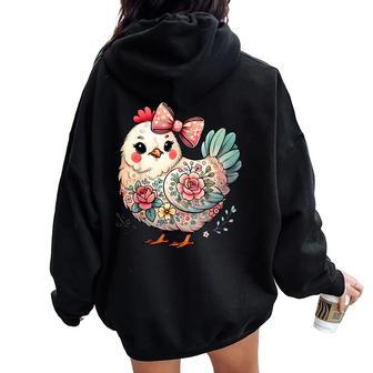 Chicken Lover Girls Floral Flower Bow Cute Hen Chicken Women Oversized Hoodie Back Print - Thegiftio