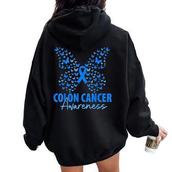Colorectal Colon Cancer Awareness Blue Ribbon Butterfly Women Oversized Hoodie Back Print | Mazezy