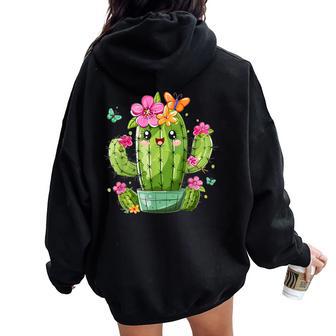 Colorful Cactus With Flowers I Cactus Women Oversized Hoodie Back Print - Thegiftio UK