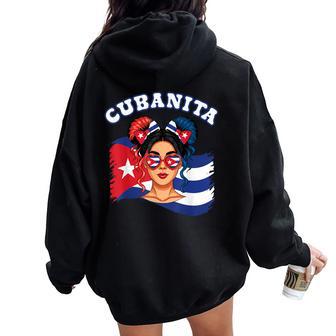 Cubanita Hispanic Heritage Messy Bun Cuban Cuba Flag Girls Women Oversized Hoodie Back Print - Thegiftio UK