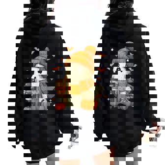 Cute Ghost Drinking Coffee Halloween Patchwork Ghost Women Women Oversized Hoodie Back Print | Seseable FR