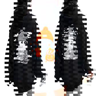 Cute Halloween Ghost Drink Pumpkin Spice Beanie Girl Women Women Oversized Hoodie Back Print - Seseable