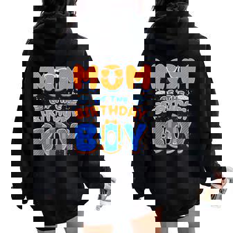 Cute Mom Of The Birthday Boy Matching Blue Orange Party Women Oversized Hoodie Back Print | Seseable CA