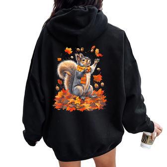 Cute Squirrel With Fall Leaves Autumn Animal Thanksgiving Women Oversized Hoodie Back Print - Thegiftio UK