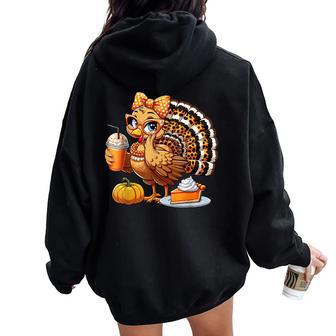 Cute Turkey Drinking Coffee Thanksgiving Turkey Day Women Oversized Hoodie Back Print - Thegiftio UK