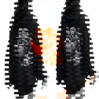 Cute Turkey Reading Book Lovers Bow Thanksgiving Womens Women Oversized Hoodie Back Print - Thegiftio