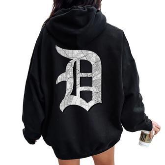 Distressed Detroit D Lettering Road Map Women Oversized Hoodie Back Print - Thegiftio UK