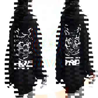 EDM Rave Cat Trippy Techno DJ Halloween Trance Raver Men Women Women Oversized Hoodie Back Print | Mazezy