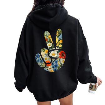 Elegant Silhouette Wildflowers Floral Peace Sign Hand Women Oversized Hoodie Back Print - Thegiftio UK