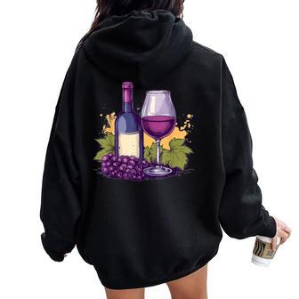 Elegant Wine Bottle With Glass Grapes Women Oversized Hoodie Back Print - Thegiftio UK