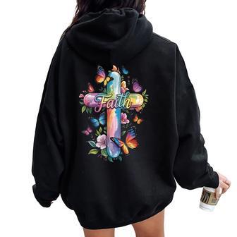 Faith Cross Butterflies Floral Religious Christ Flowers Women Oversized Hoodie Back Print - Thegiftio UK