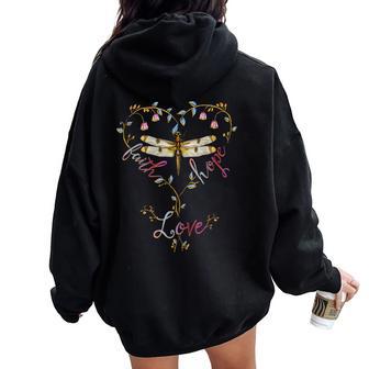 Faith Hope Love Dragonfly Heart Religious Jesus Christian Women Oversized Hoodie Back Print - Thegiftio UK