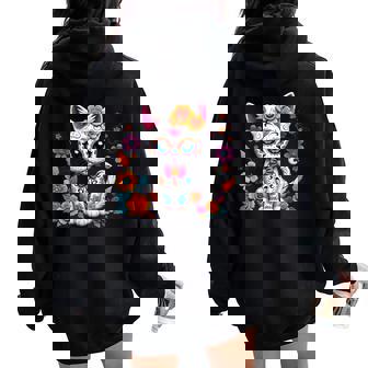 Floral Cat Sugar Skull Day Of The Dead Dia De Los Muertos Women Oversized Hoodie Back Print | Mazezy